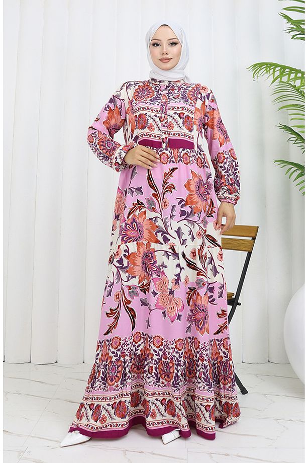 Alaçatı Desenli Viskon Elbise 0334-02 Bej Gül Kurusu - 1