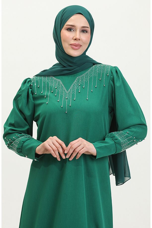 Taş Baskılı Elbise 0406-04 Zümrüt Yeşili - 4