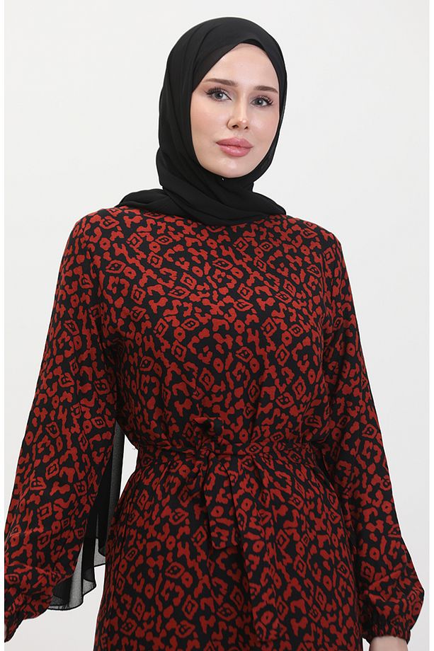 Renkli Viskon Elbise 0450-06 Siyah Kiremit - 4