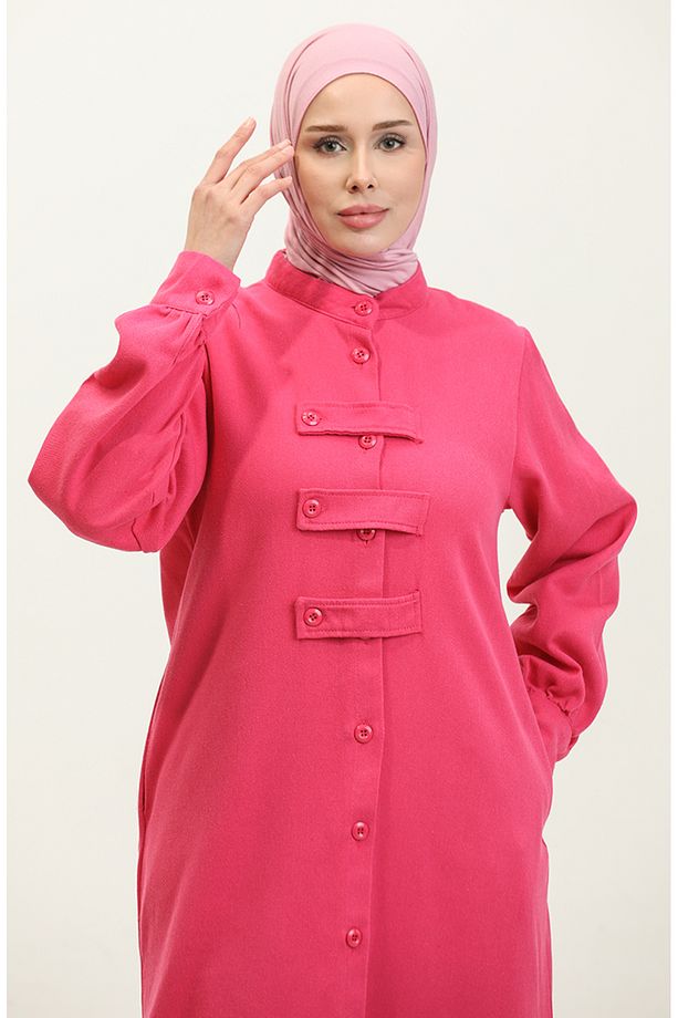 Gabardin Kumaş Düğmeli Kap 24K2023-06 Fuşya - 4