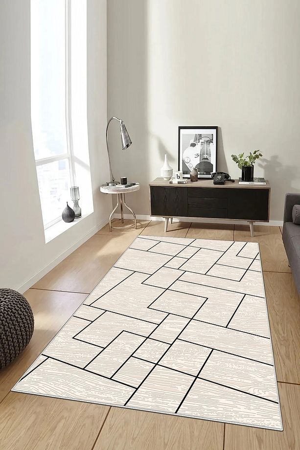 Salon Halısı Geometrik İskandinav Eskitmeli Dijital Baskı Yıkanabilir Kaymaz Taban 9027SALONHULYA - 2