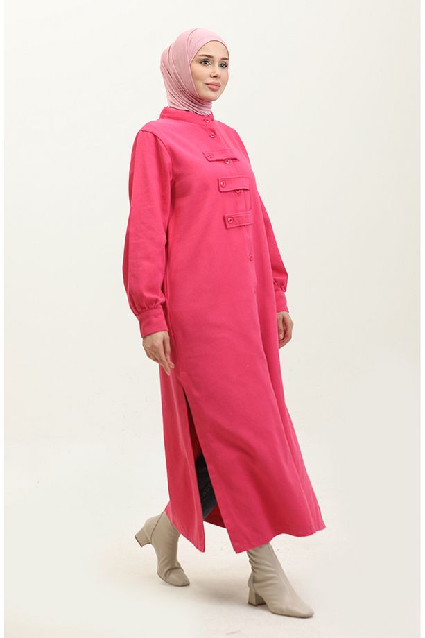 Gabardin Kumaş Düğmeli Kap 24K2023-06 Fuşya - 3