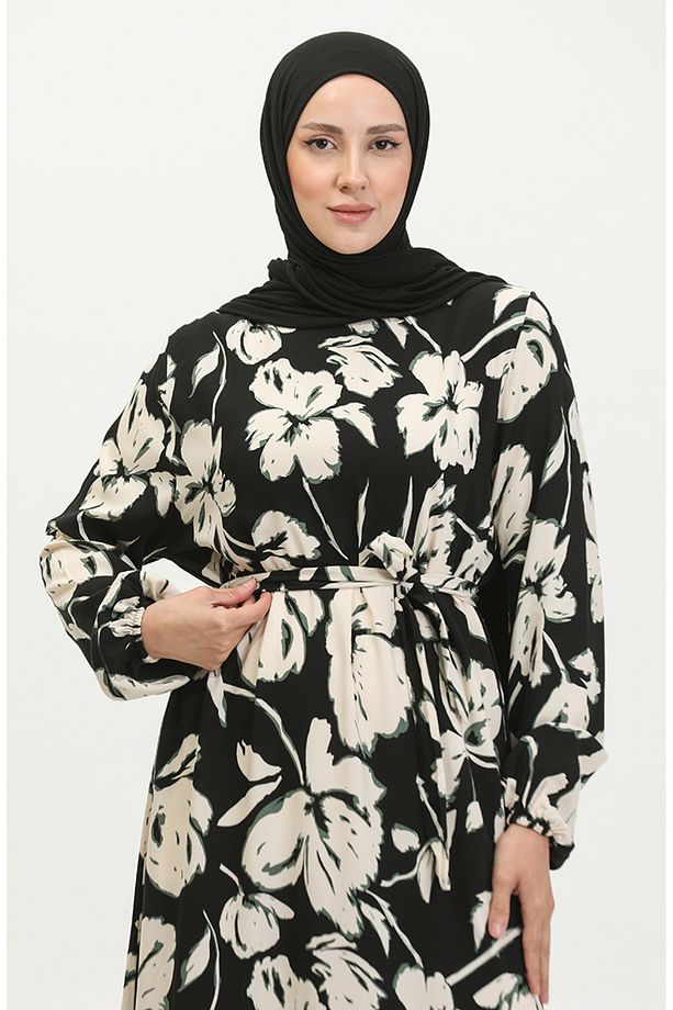 Çiçek Desenli Viskon Elbise 5007-04 Siyah Yeşil - 4