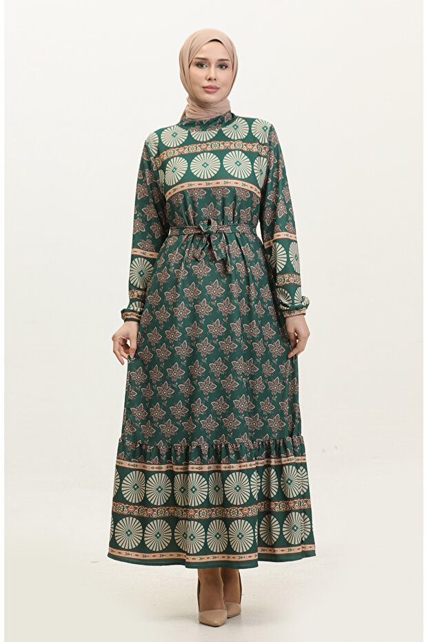 فستان ربيعي منقوش باللون الأخضر الزمردي - 0366-03 - 1