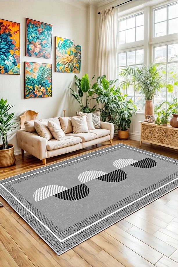 Salon Halısı Geometrik İskandinav Eskitmeli Dijital Baskı Yıkanabilir Kaymaz Taban 8163SALON - 3
