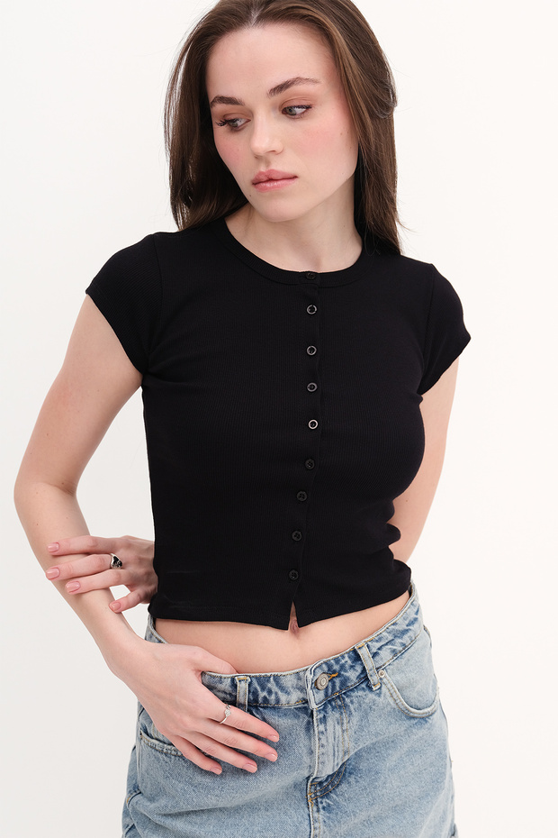 Düğmeli Basic T-shirt P0377 - 4