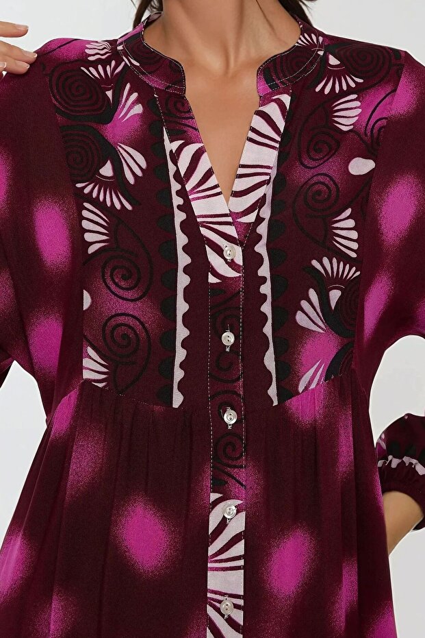 Baskılı Uzun Kol Viskon Maxi Elbise - 3