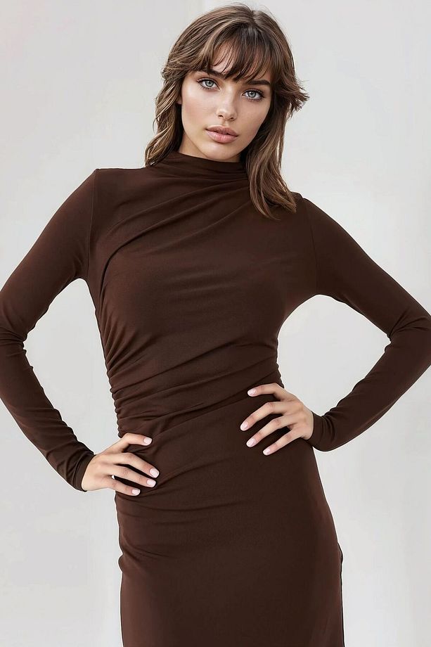 Drape Detaylı Midi Elbise - 3