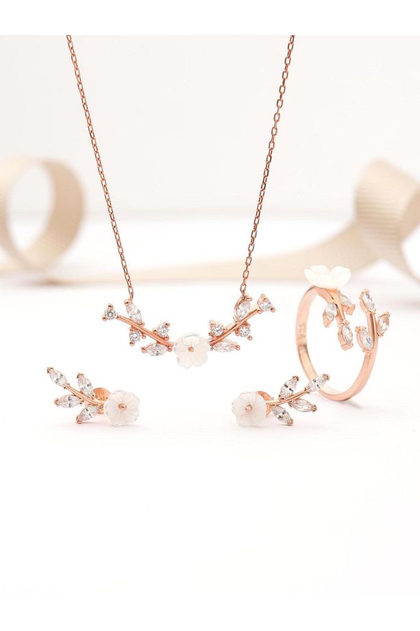 925 Ayar Rose Kaplama Manolya Çiçekli Yaprak Model Gümüş Set - 1