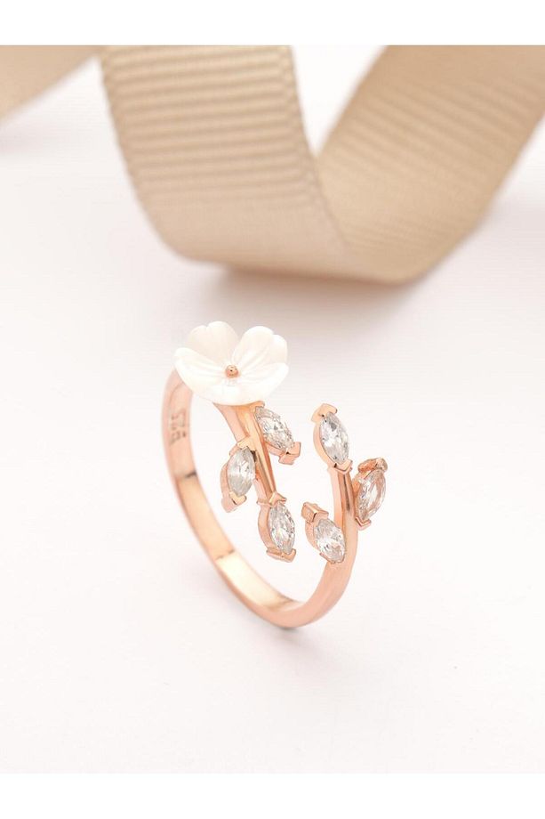 925 Ayar Rose Kaplama Manolya Çiçekli Yaprak Model Gümüş Set - 6