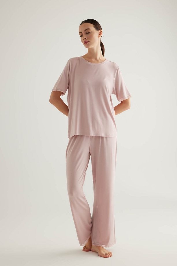 Kadın Plus Size Viscose Kısa Kollu Uzun Pijama Takımı - 2
