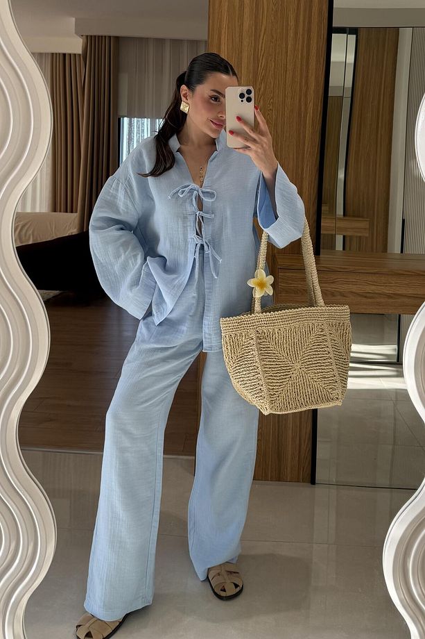 Pixre Bebe Mavi Müslin Bağlamalı Takım - 3