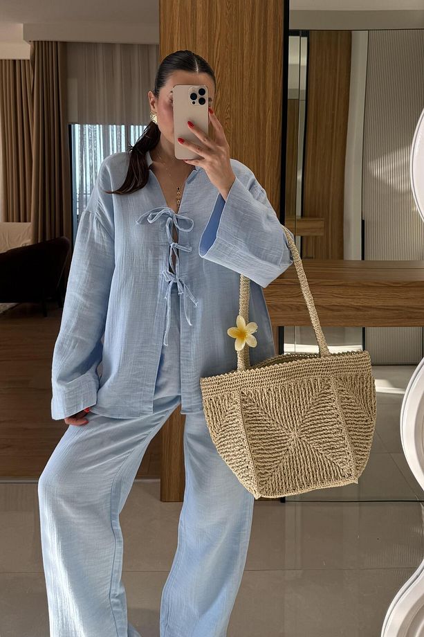 Pixre Bebe Mavi Müslin Bağlamalı Takım - 4