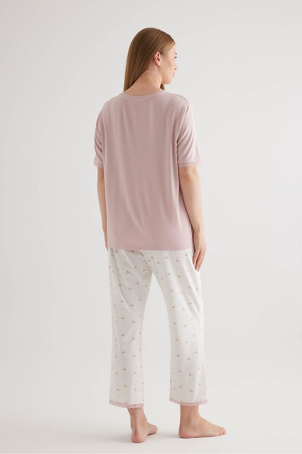 Kadın Plus Size Pamuklu Kısa Kollu Pijama Takımı - 4