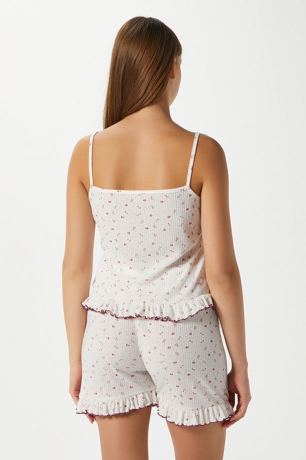 Kadın Paula Pudra Minik Çiçekli Fırfır Şortlu Pijama Takımı - 2