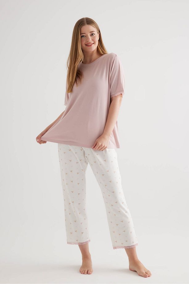 Kadın Plus Size Pamuklu Kısa Kollu Pijama Takımı - 2