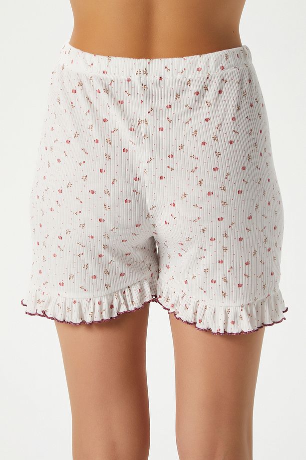 Kadın Paula Pudra Minik Çiçekli Fırfır Şortlu Pijama Takımı - 7