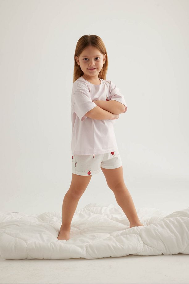 Kız Çocuk Pamuklu Kısa Kollu Şort Pijama Takımı - 3