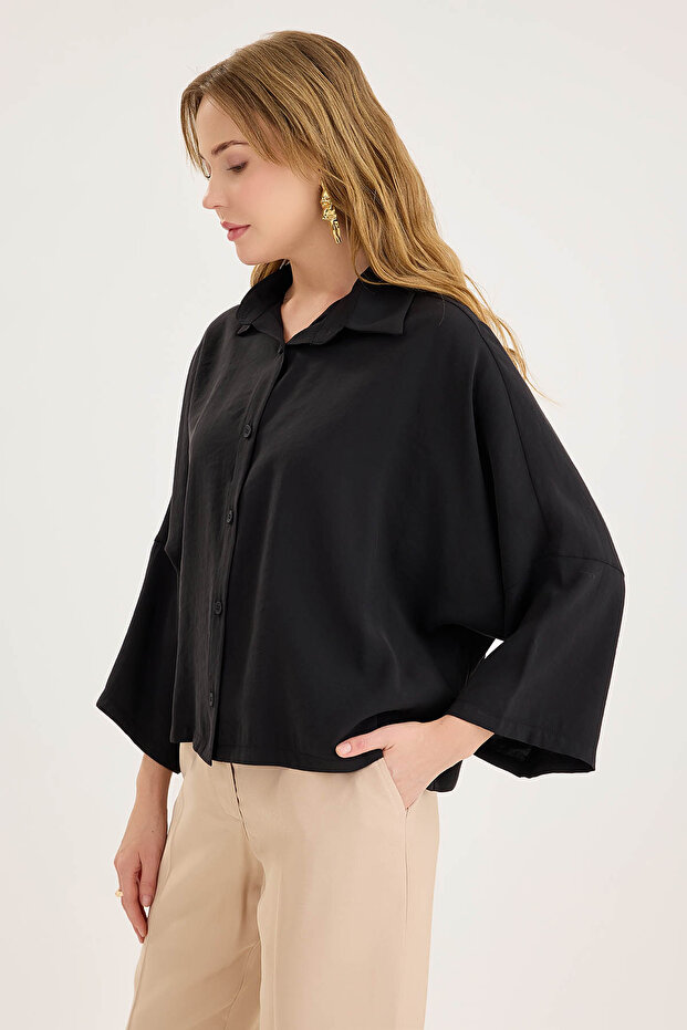 Düşük Omuz Oversize Crop Gömlek - 6