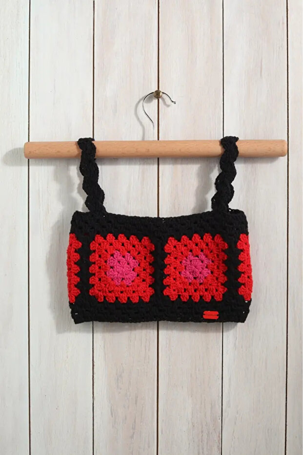 Hand Knitted Red & Black Granny Square Crop Top – Size 36–40 Compatible