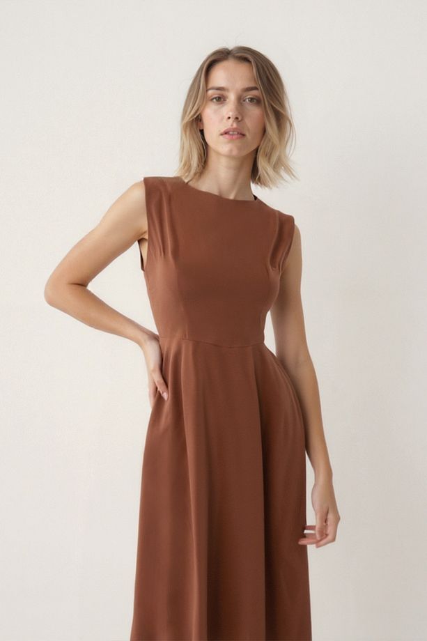 Sıfır Kol Modal Kumaş Midi Elbise - 3