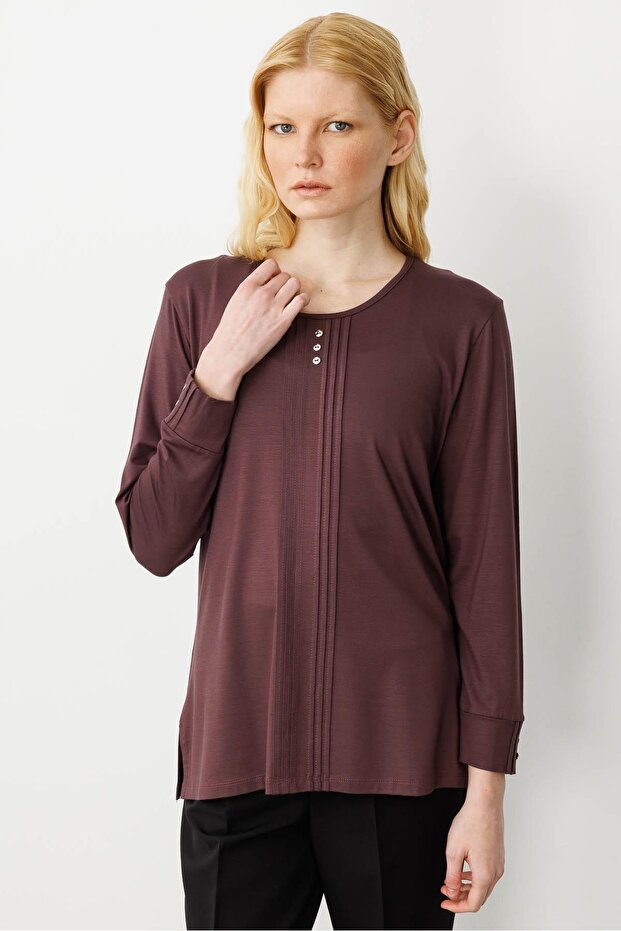 Women's Crew Neck Long Sleeve Combed Cotton Blouse Brown