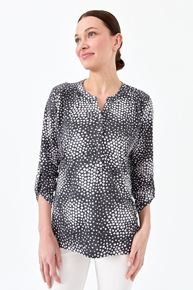 Women's Two-Color Combed Cotton Blouse with Collar and Patches, Black