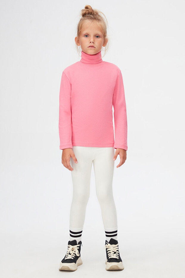 Candy Pink Basic Winter Full Turtleneck Long Sleeve Girl's T-Shirt