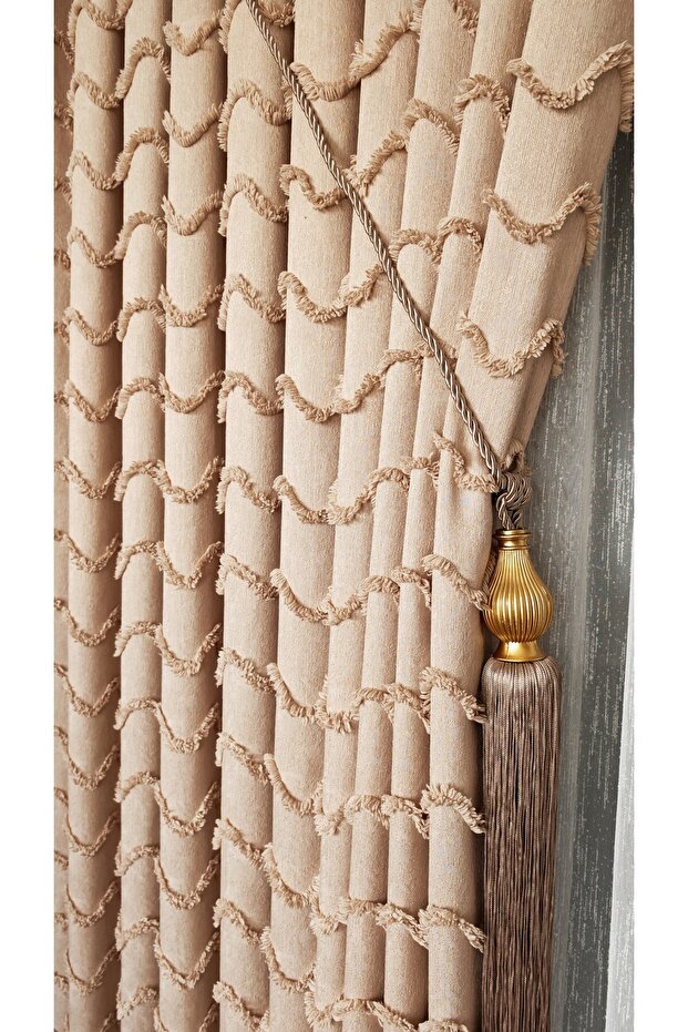 Linen Textured Bearded Milk Coffee Board Background Curtain Luxury Heavy Weight Single Wing 1/3 Frequently Pleated