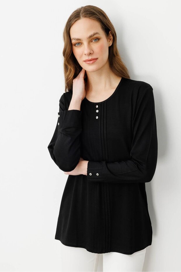 Women's Crew Neck Long Sleeve Combed Cotton Blouse Black