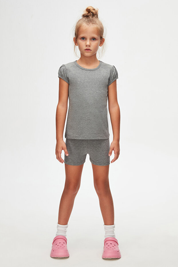 Girl - Ice Gray Crew NecK and Watermelon Sleeve T-shirt
