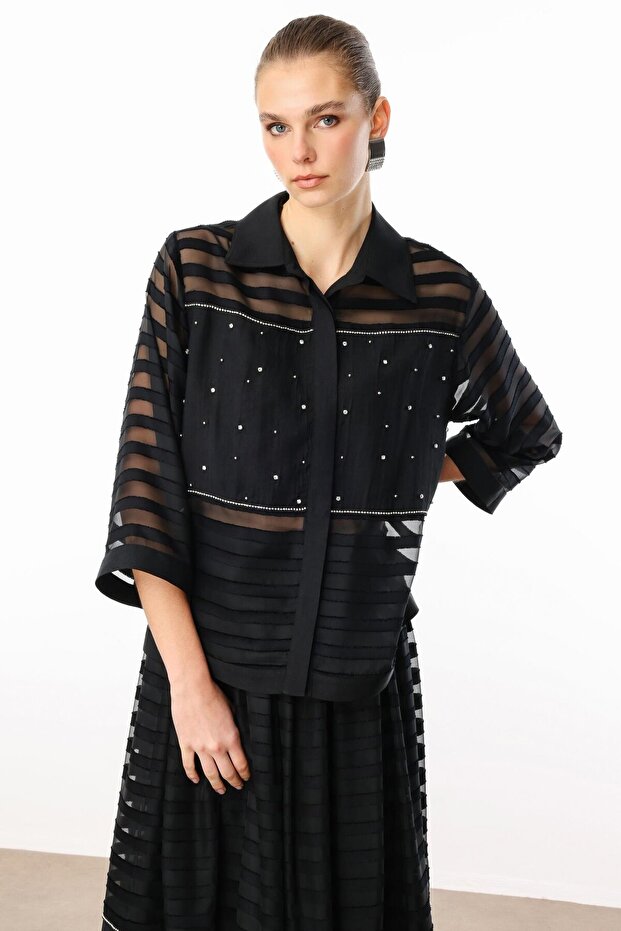 Modailgi İşleme ve Şerit Aksesuarlı Kısa Gömlek Siyah - 2