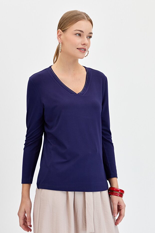 Women's V-Neck Glitter Ribbed Blouse Navy Blue