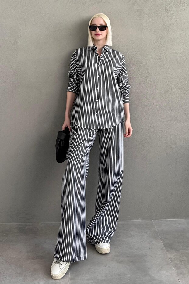 Black Striped Shirt Pants Women's Suit Mg2457