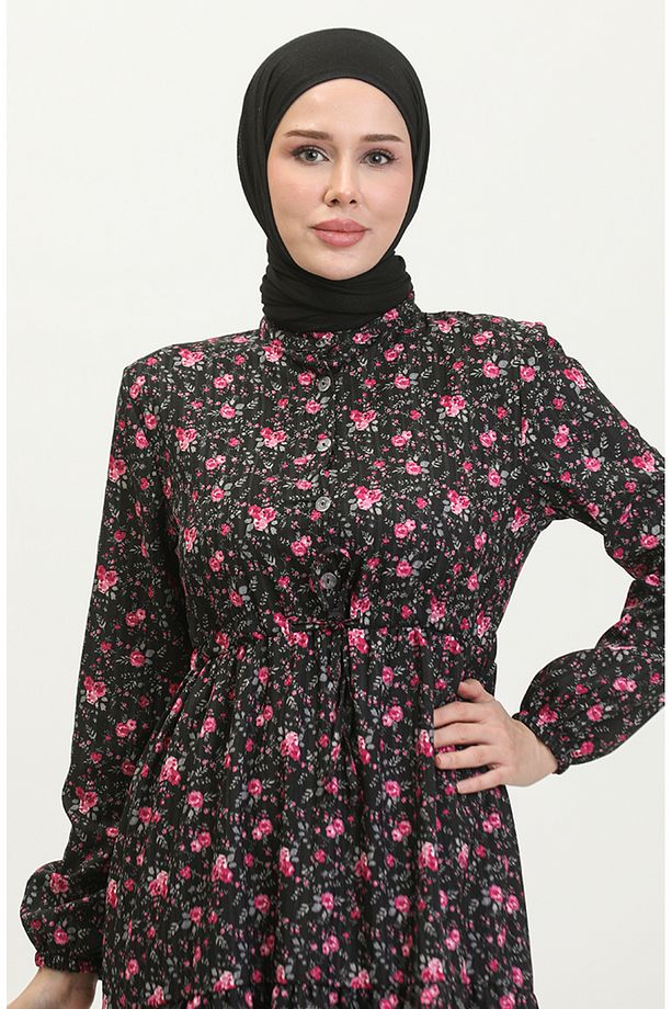 Gül Desenli Elbise 0401-01 Siyah - 4