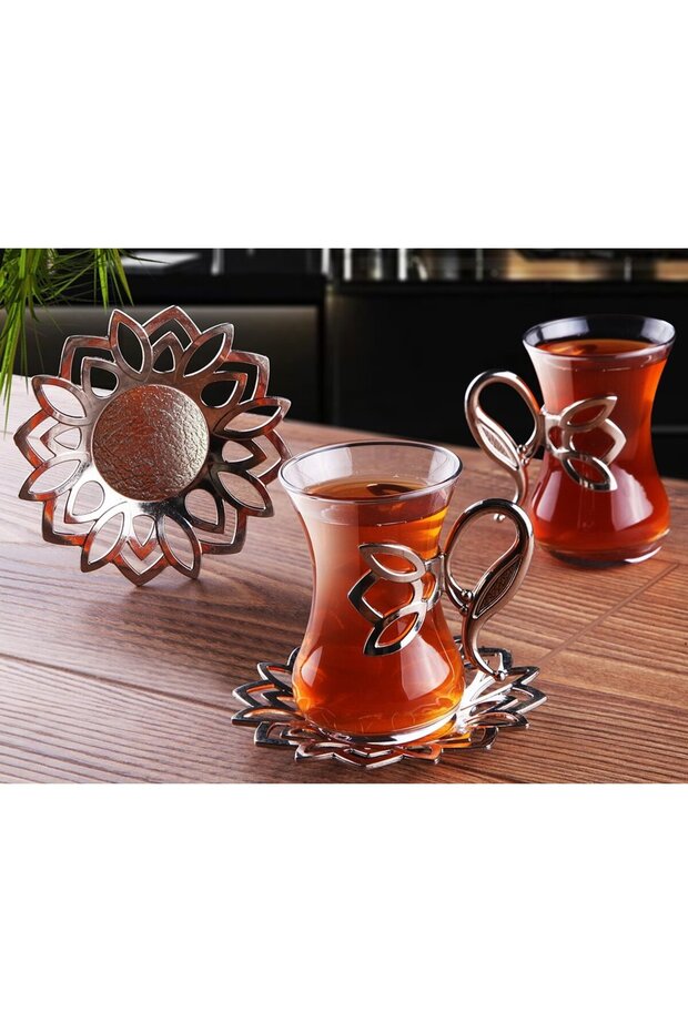 Demet Silver Color Tea Set for 6 People: with Metal Handle and Plate