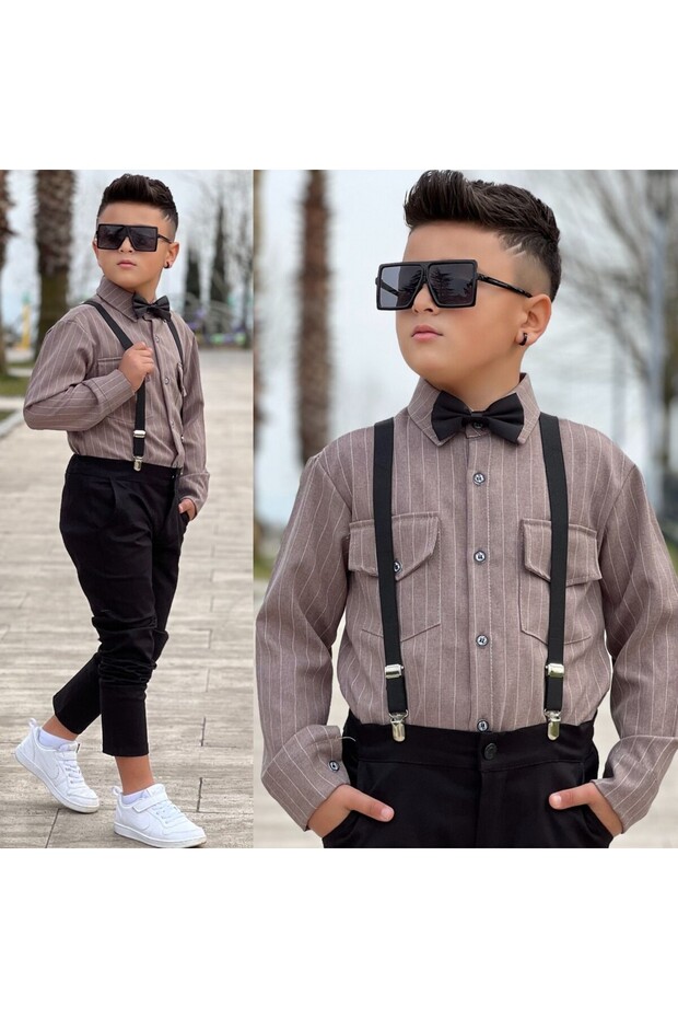 Boy's Shirt Pants Suspender and Bow Tie 4 Piece Suit