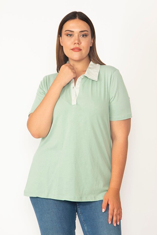 Women's Large Size Green Cotton Fabric Polo Collar Buttoned Blouse 65n27322