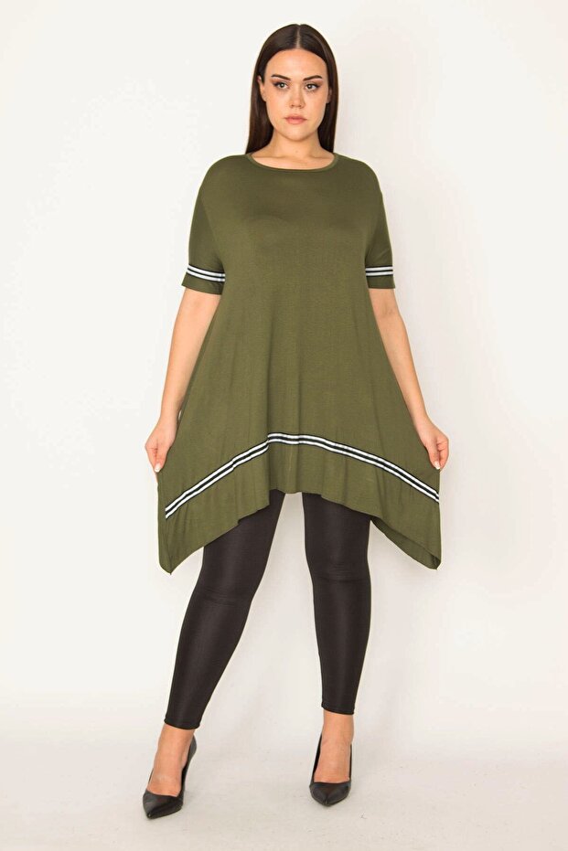 Women's Large Size Khaki Stripe Detailed Asymmertic Tunic 65n23133