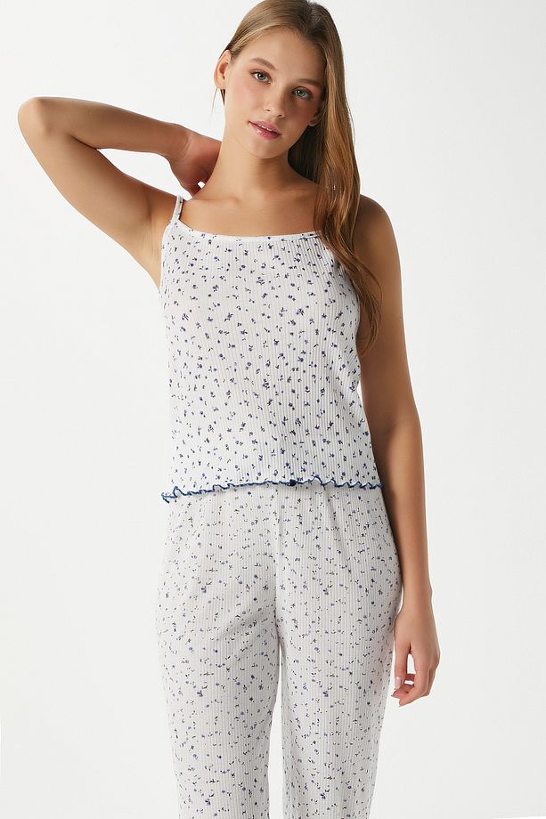 Kadın June Askılı Mavi Minik Çiçekli Alt Üst Pijama Takımı - 5