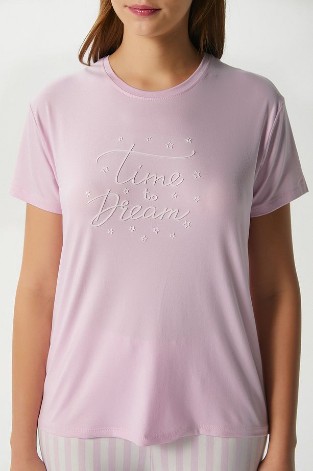 Kadın Time Yumuşak Doku Pembe Çizgili Bisiklet Yaka Kısa Kollu Alt Üst Pijama Takımı - 2