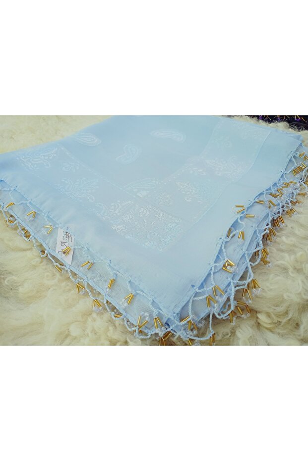 Handmade Crochet Patterned Jacquard Scarf Beaded Scarf on Fabric