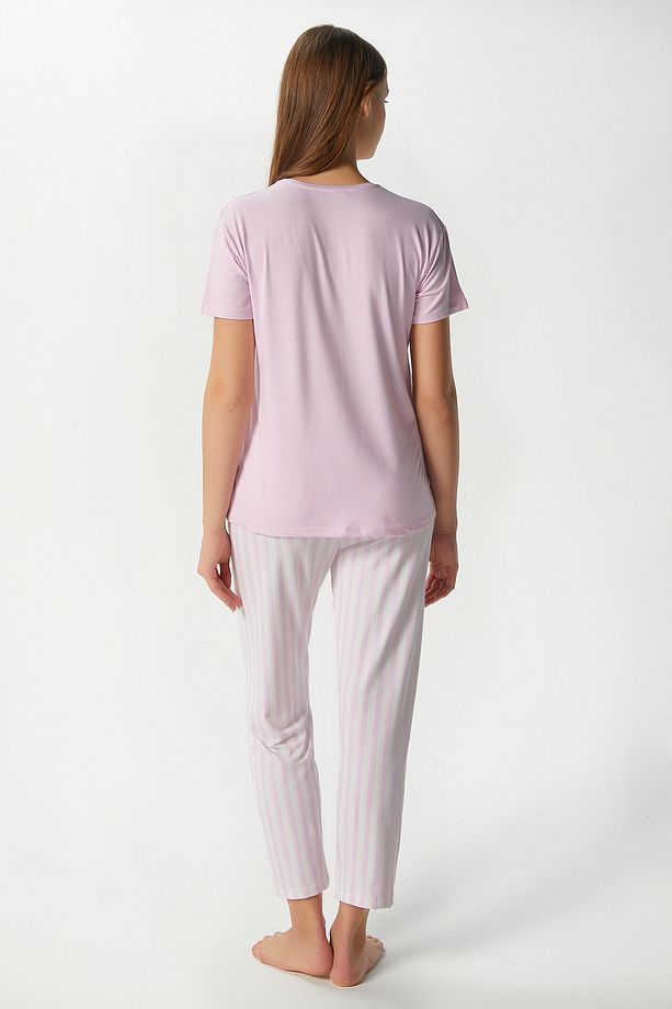 Kadın Time Yumuşak Doku Pembe Çizgili Bisiklet Yaka Kısa Kollu Alt Üst Pijama Takımı - 5
