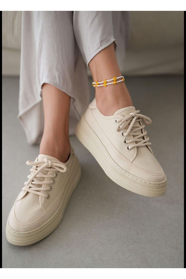 Ensar Sneaker Yüksek Bağcıklı Bez Canvas Orijinal Keten Spor Ayakkabı Kotnel - 1