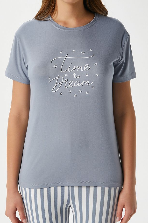 Kadın Time Yumuşak Doku Gri Çizgili Bisiklet Yaka Kısa Kollu Alt Üst Pijama Takımı - 2