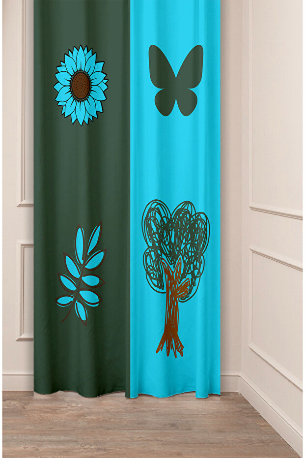 Butterfly Flower Leaf Tree Patterned Special Design Digital Printed (Single Wing) Modern Stylish Background Curtain
