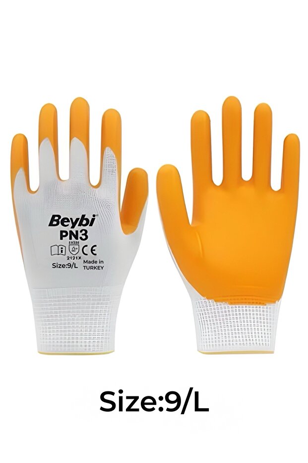 Beybi Pn3 İşçi Eldiveni L No:9 Polyester Örme Nitril Eldiven Sarı-Beyaz - 1