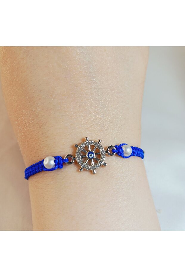 Unisex Zircon Stone Evil Eye Bead Rudder Figured Baroque Pearl Bead Blue Drawstring Macrame Braided Bracelet