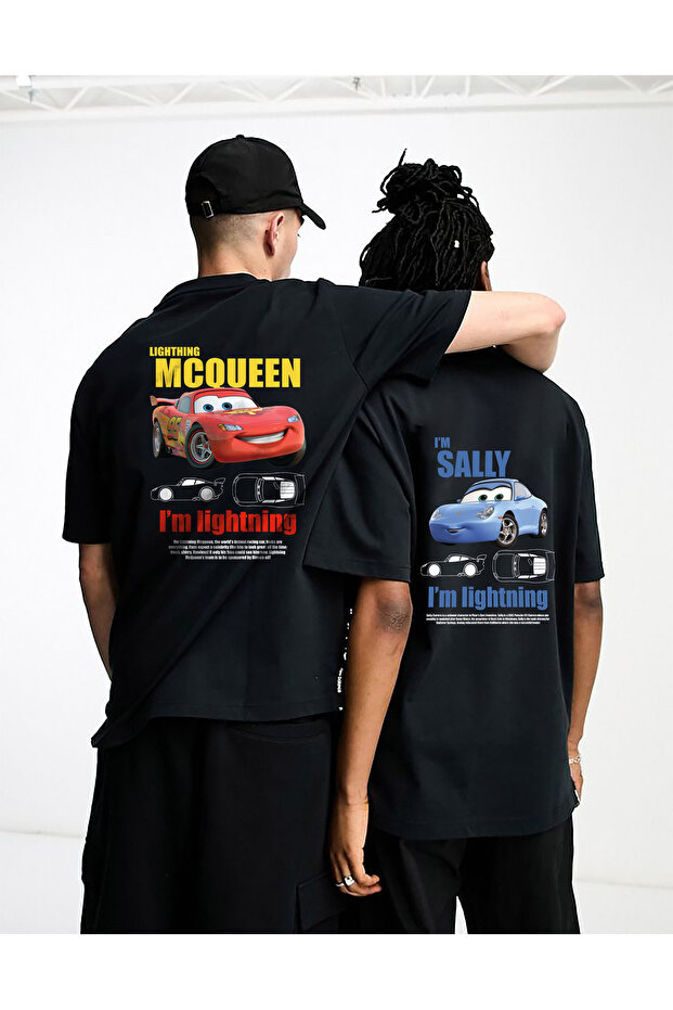 Unisex Lightning McQueen and Sally Back Print Couple Matching Design Oversized T-shirt 2-Pack