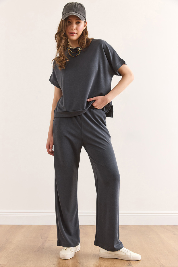 Women's Anthracite Modal Top Blouse Bottom Pocket Trousers Set Tkm-19000379
